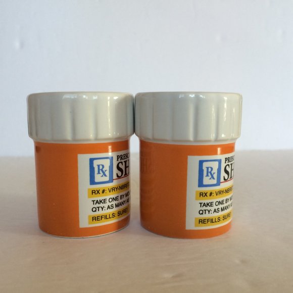 Prescription Pill Bottle Shaped Shot Glass X 2 Orange Ceramic Big Mouth Toys - Picture 4 of 11
